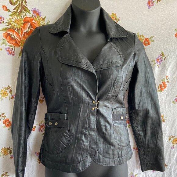 Vero Moda Nela Leather Blazer Sz M - Clasp Front - Moto Jacket Mod Lining Biker - Picture 1 of 12